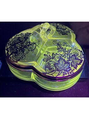Uranium Glass Divided Clover Shaped Dish With Sterling Silver  Overlay/Trim VTG